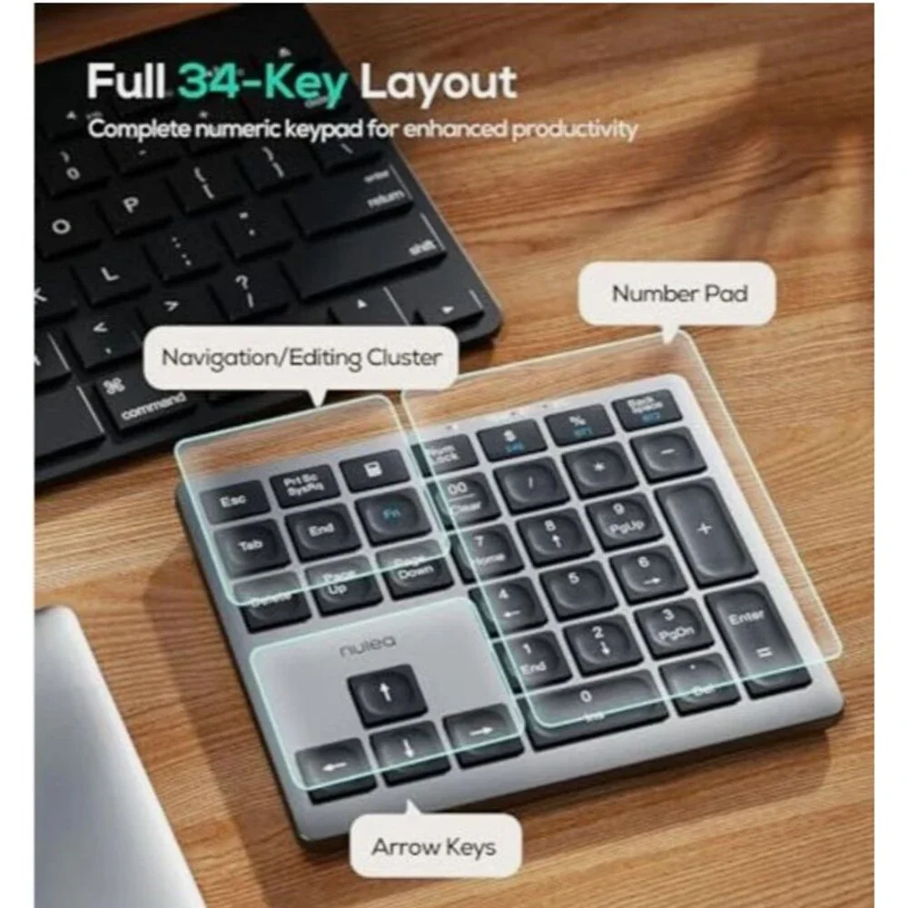 Nulea Bluetooth 5.0 & 2.4G Wireless 34-Key Numeric Keypad - USB-C Rechargeable